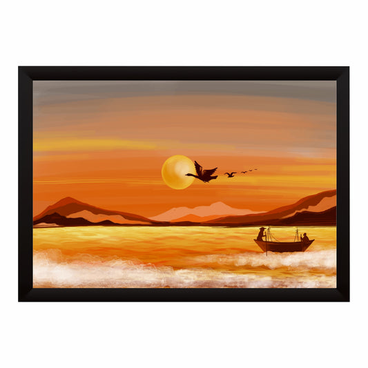 Sunset Lake Boat Wall Art | Orange Landscape Nature Artwork