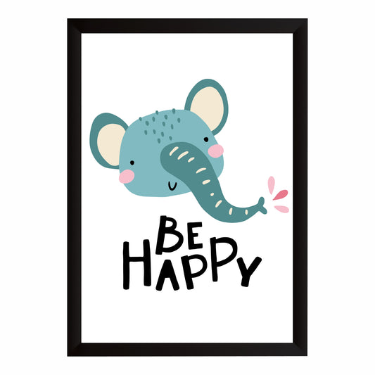 Be Happy Elephant Nursery Wall Art | Cute Animal Kids Room Poster
