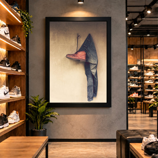 Shoe & Jeans Wall Art | Vintage Leather Shoe and Denim Artwork | Fashion Photography | Rustic Modern Wall Decor