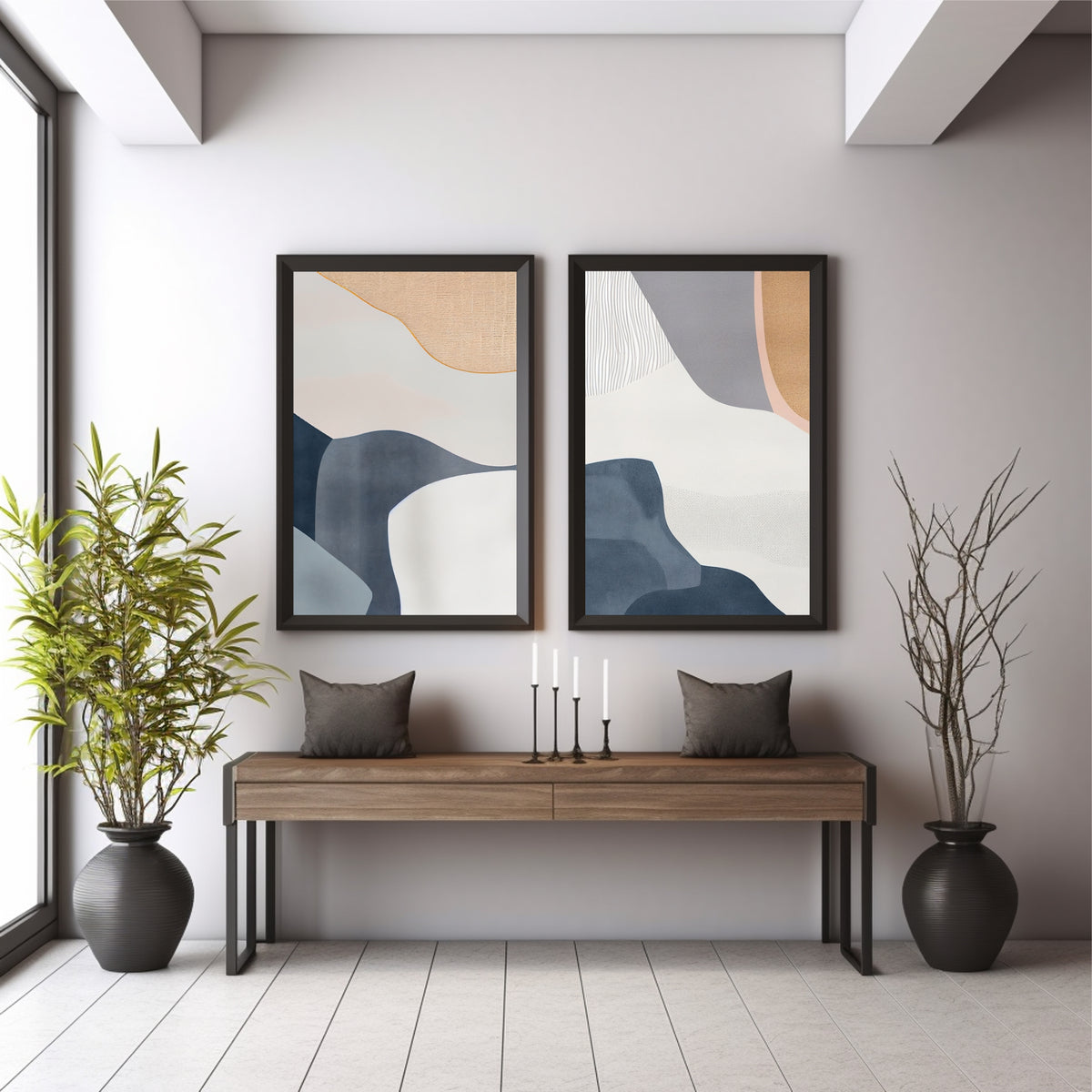 Abstract Blue Beige Wall Art Set | Modern Neutral Minimalist Decor
