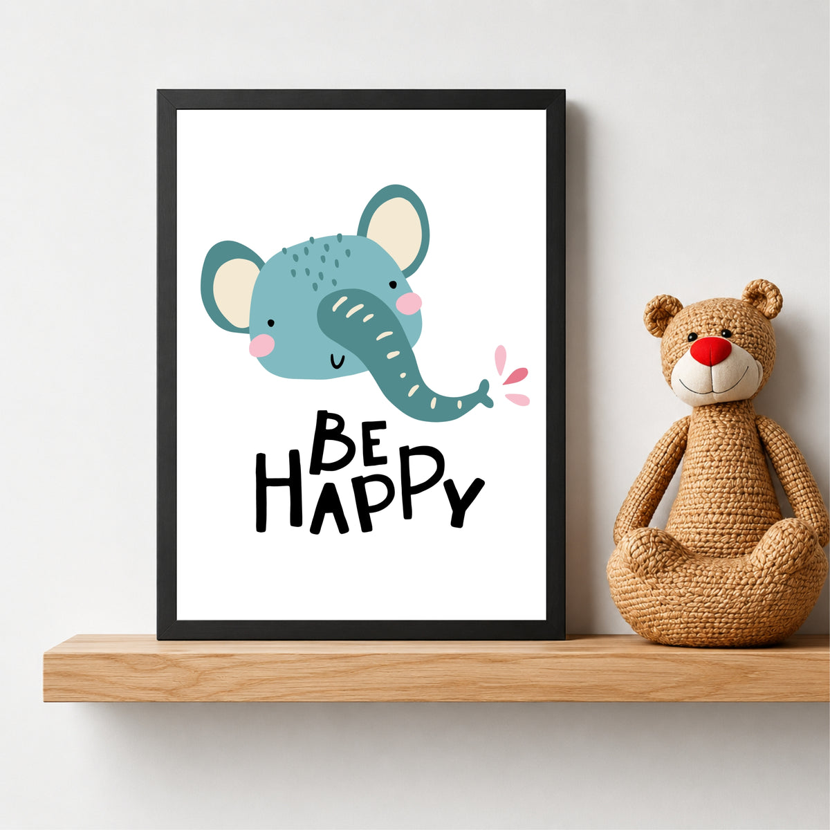 Be Happy Elephant Nursery Wall Art | Cute Animal Kids Room Poster