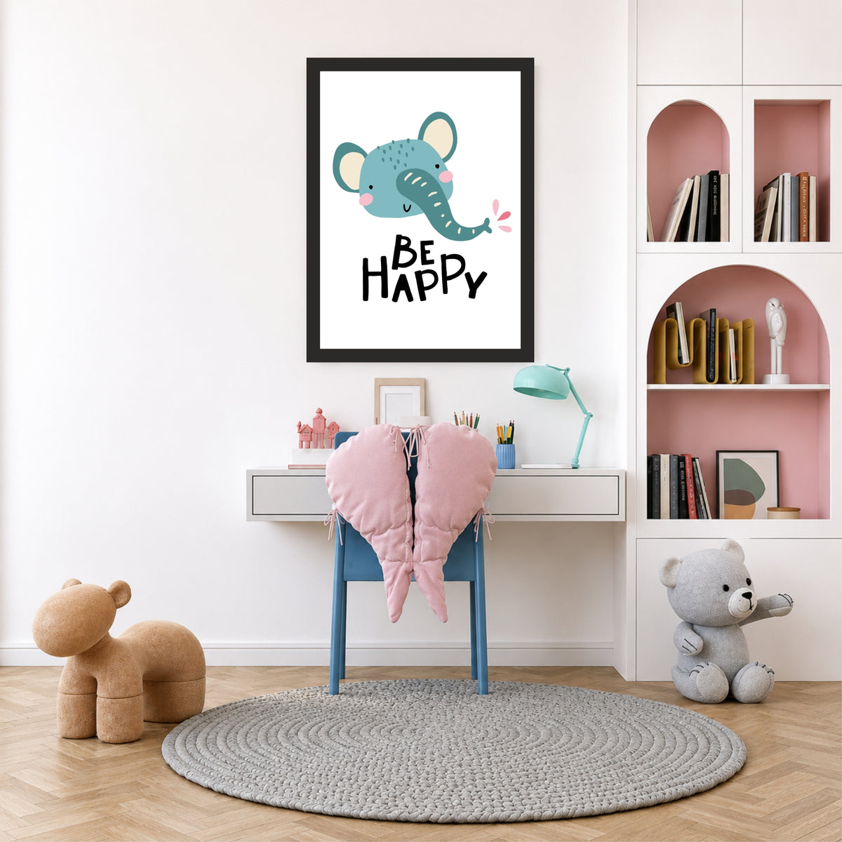 Be Happy Elephant Nursery Wall Art | Cute Animal Kids Room Poster