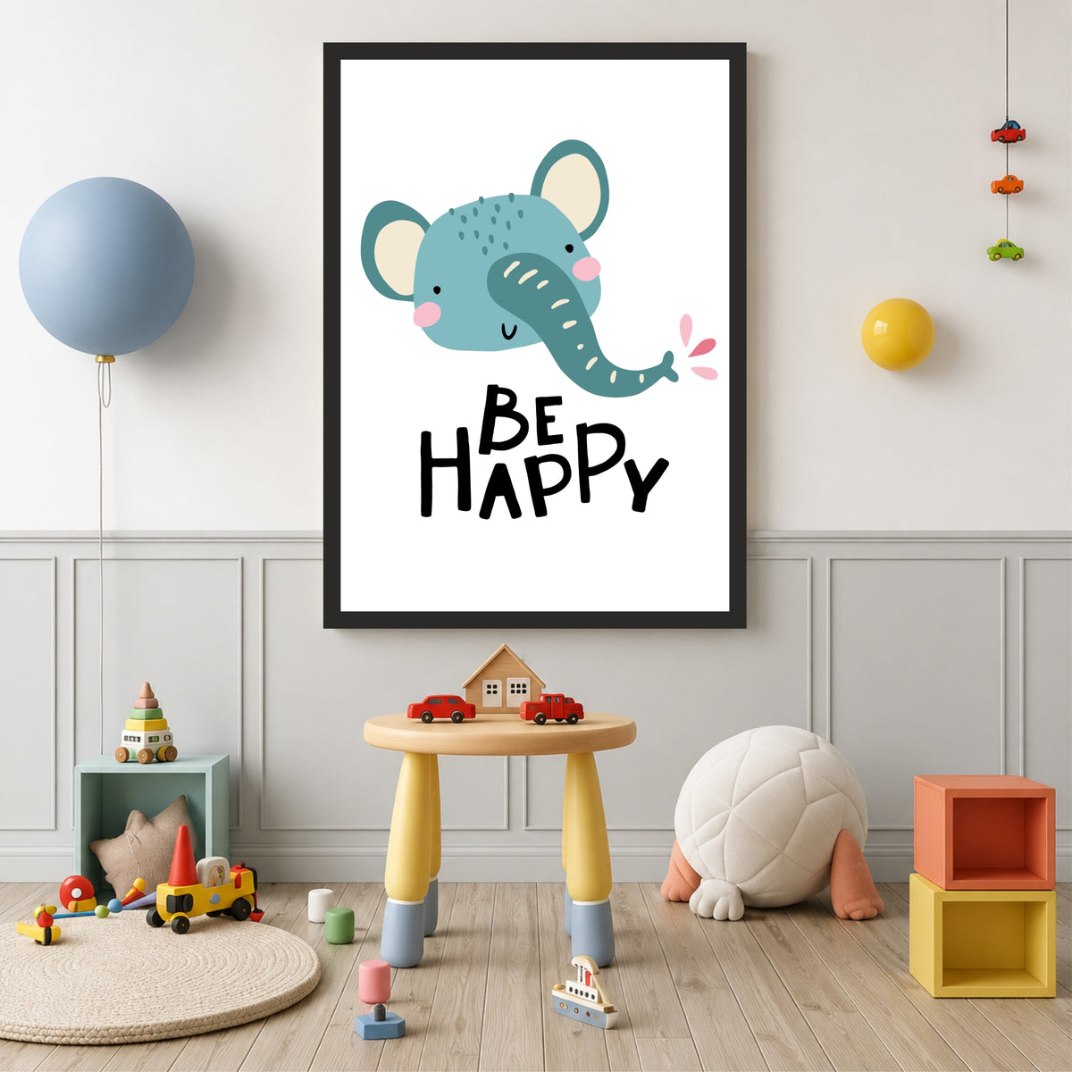 Be Happy Elephant Nursery Wall Art | Cute Animal Kids Room Poster