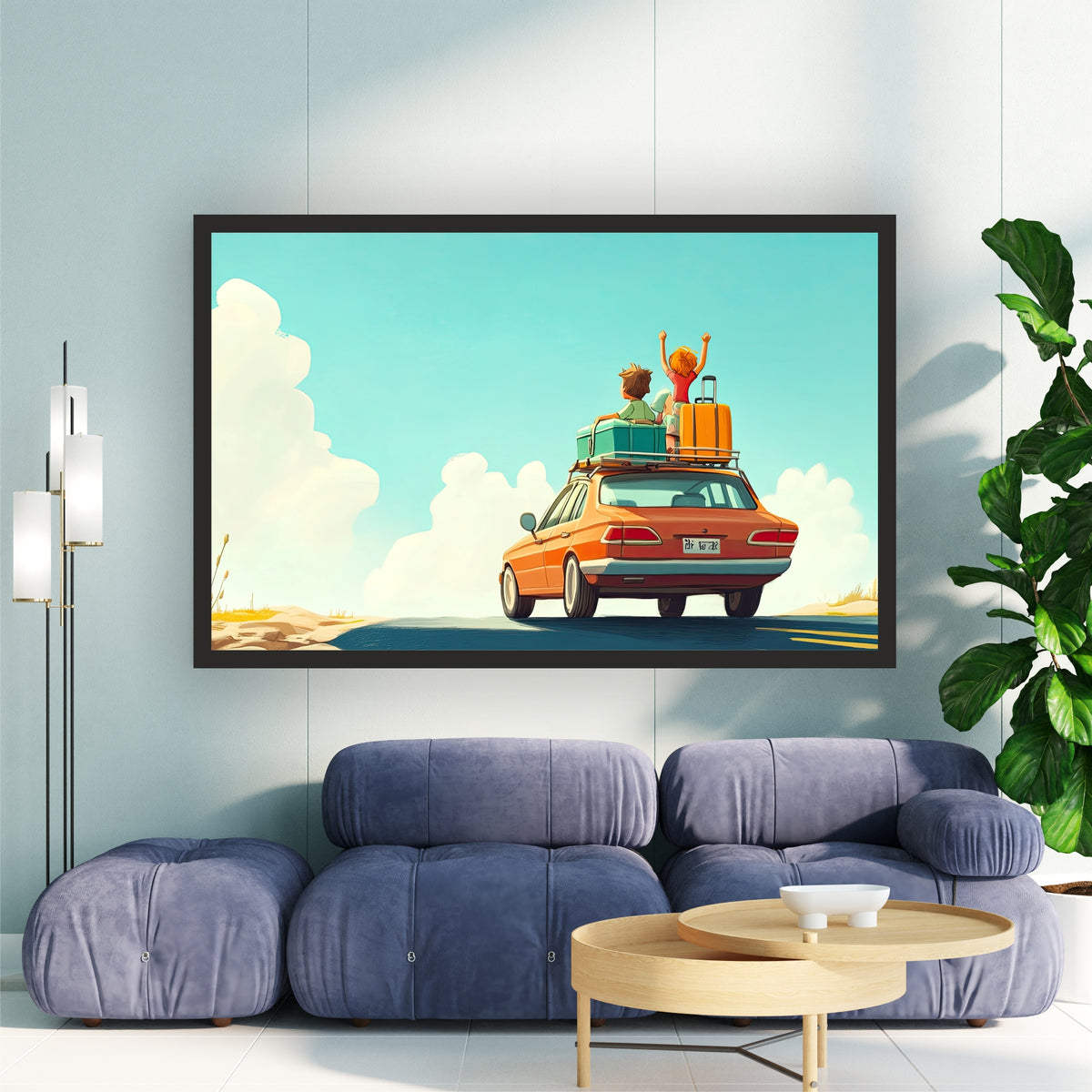 Family Road Trip Wall Art | Cartoon Travel Car Canvas Print | Adventure Vacation Illustration Poster