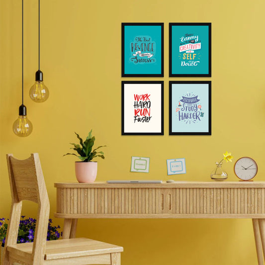 Set of 4 Motivational – Framed Wall Art for Study, Office & Gym Decor