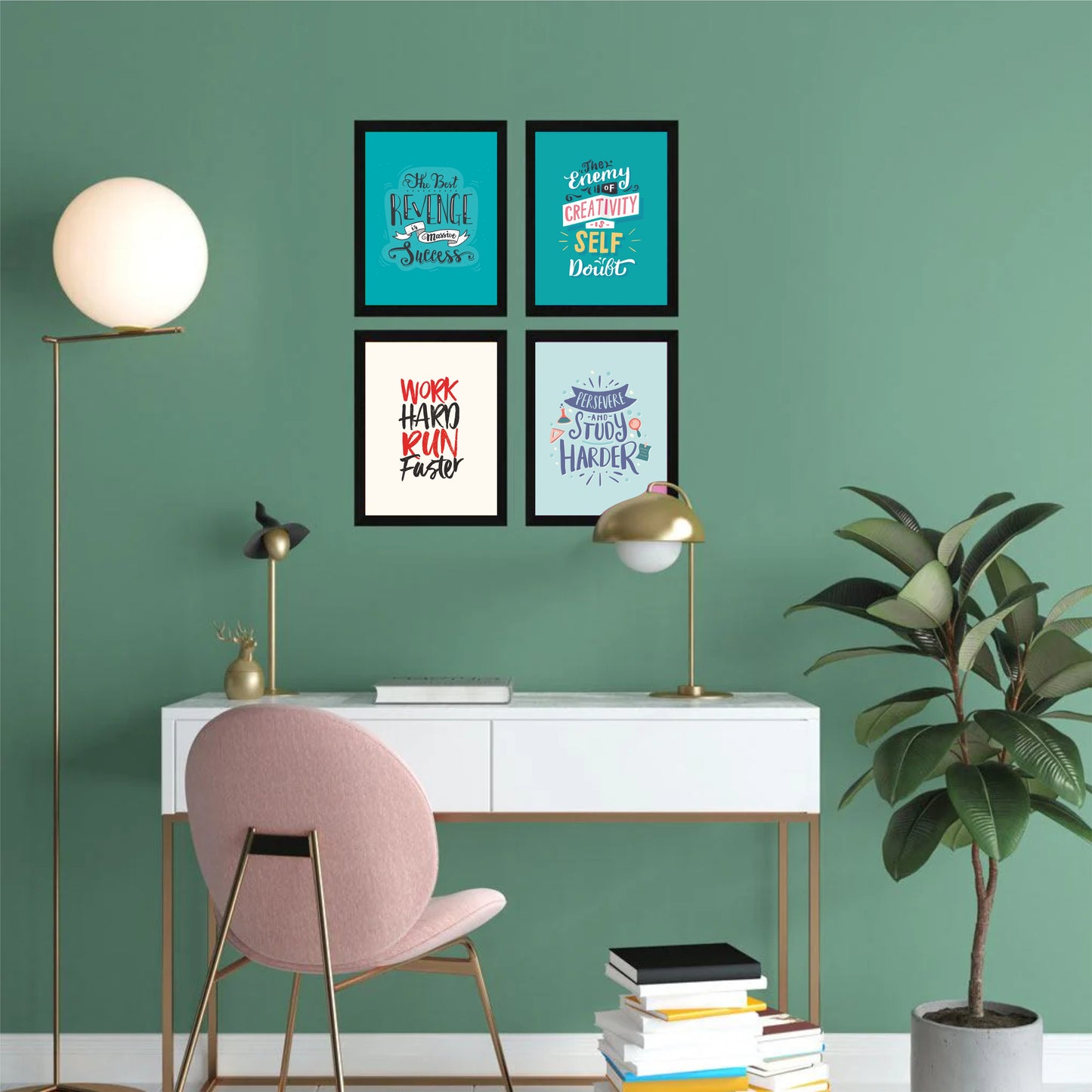 Set of 4 Motivational – Framed Wall Art for Study, Office & Gym Decor
